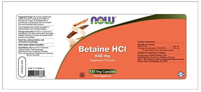 Betaine HCl 648 mg with 150 mg Pepsin 120 Veg Capsules