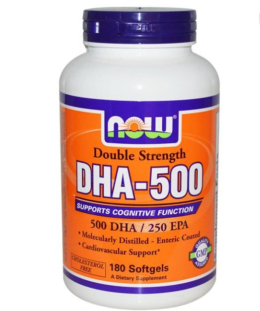 Now Foods DHA-500 Double Strength Omega 3 Fish Oil 180 Softgels, DHA & EPA 1