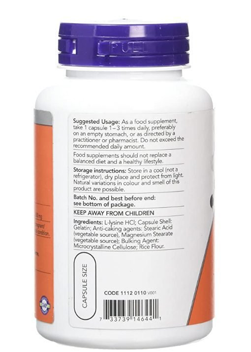 Now Foods L-Lysine Capsules, 500 mg, Pack of 100